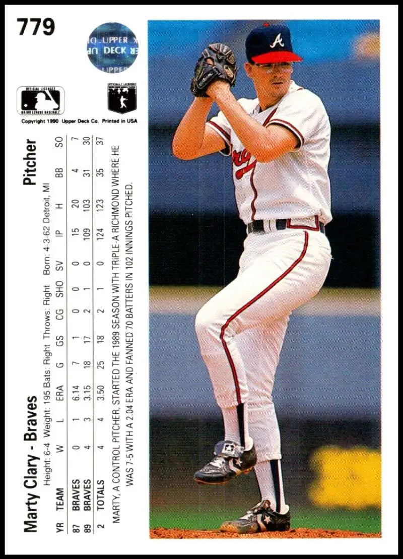 Baseball player Marty Clary in Atlanta Braves uniform mid-pitch on baseball card