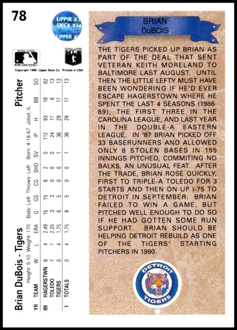 Baseball card featuring Brian DuBois stats and info from Upper Deck for Detroit Tigers