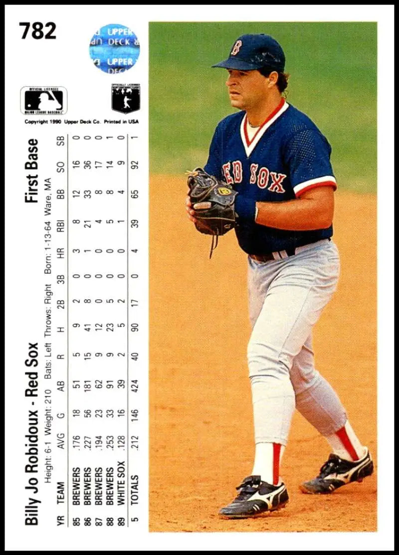 Baseball card of Billy Joe Robidoux fielding for the Boston Red Sox in navy jersey