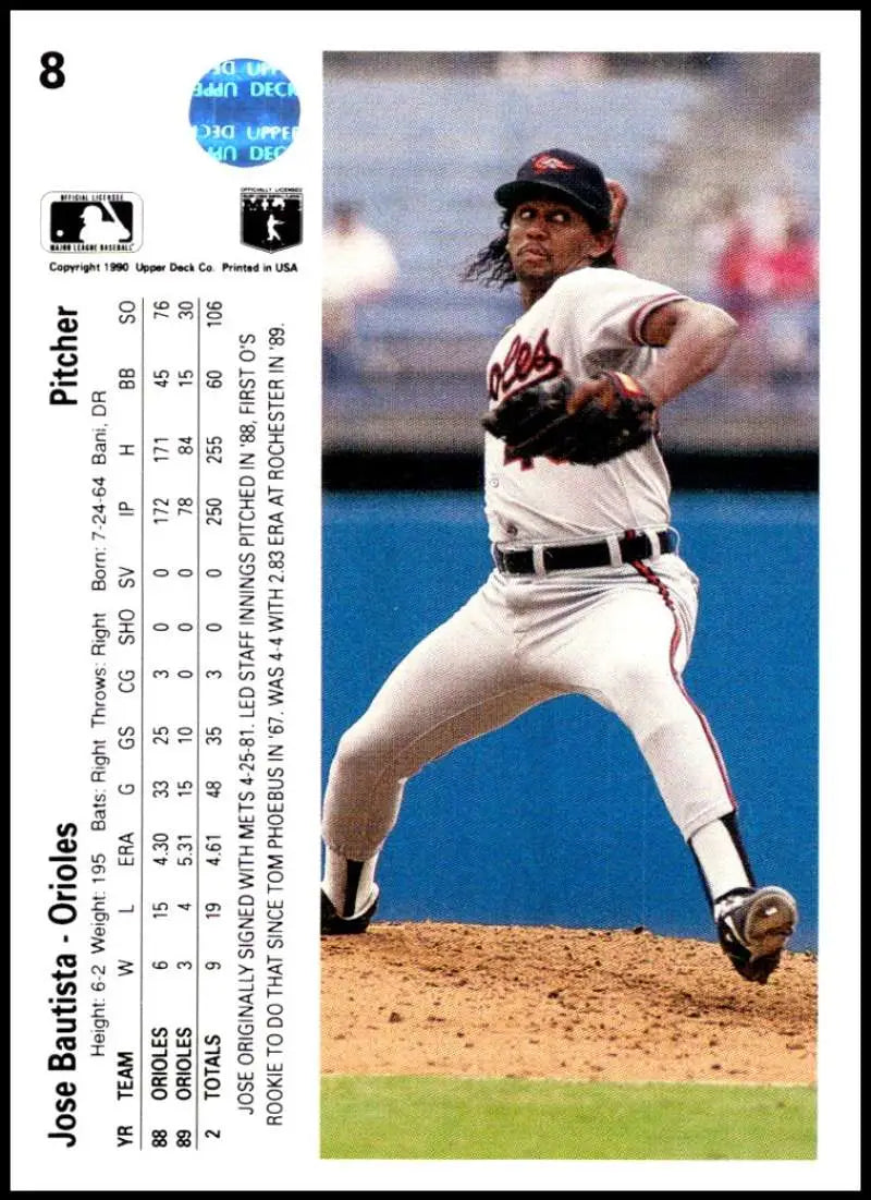 Jose Bautista mid-delivery on a Baltimore Orioles baseball card, 1990 Upper Deck #8