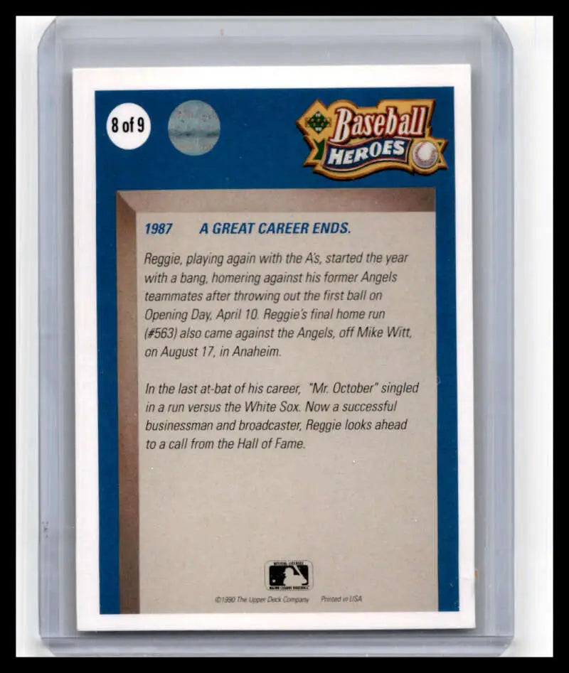 Back of 1990 Upper Deck Reggie Jackson Baseball Card with 1987 events, Oakland Athletics