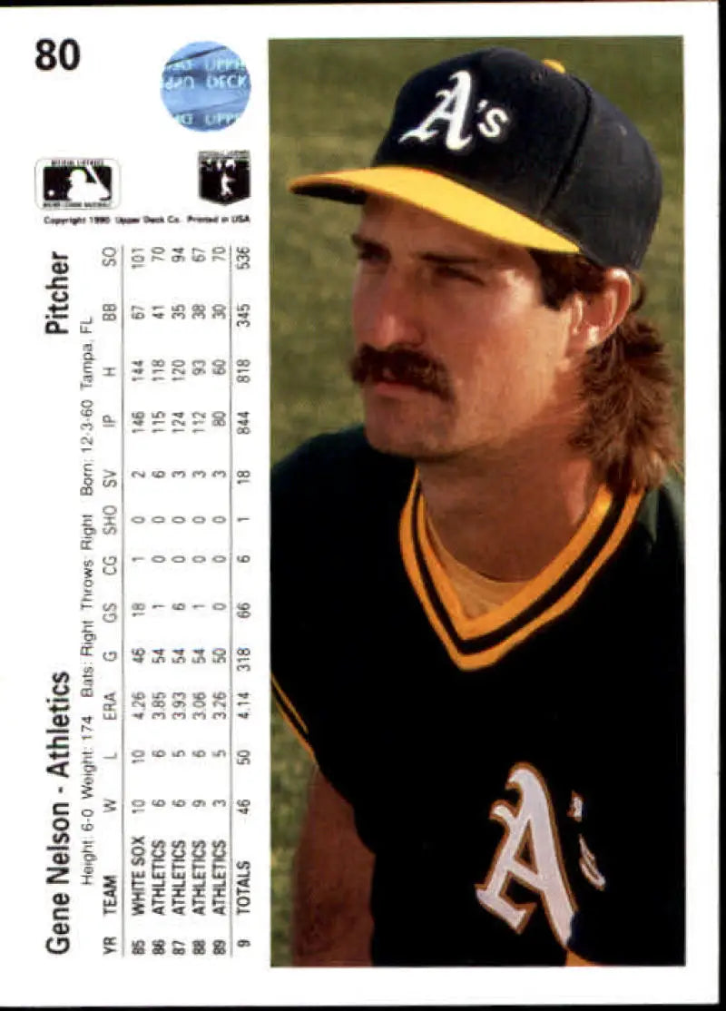 Oakland Athletics Gene Nelson baseball card in green and gold uniform with dark cap