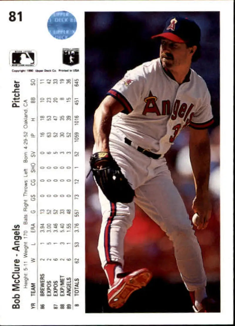 Bob McClure pitching in white uniform on 1990 Upper Deck California Angels card