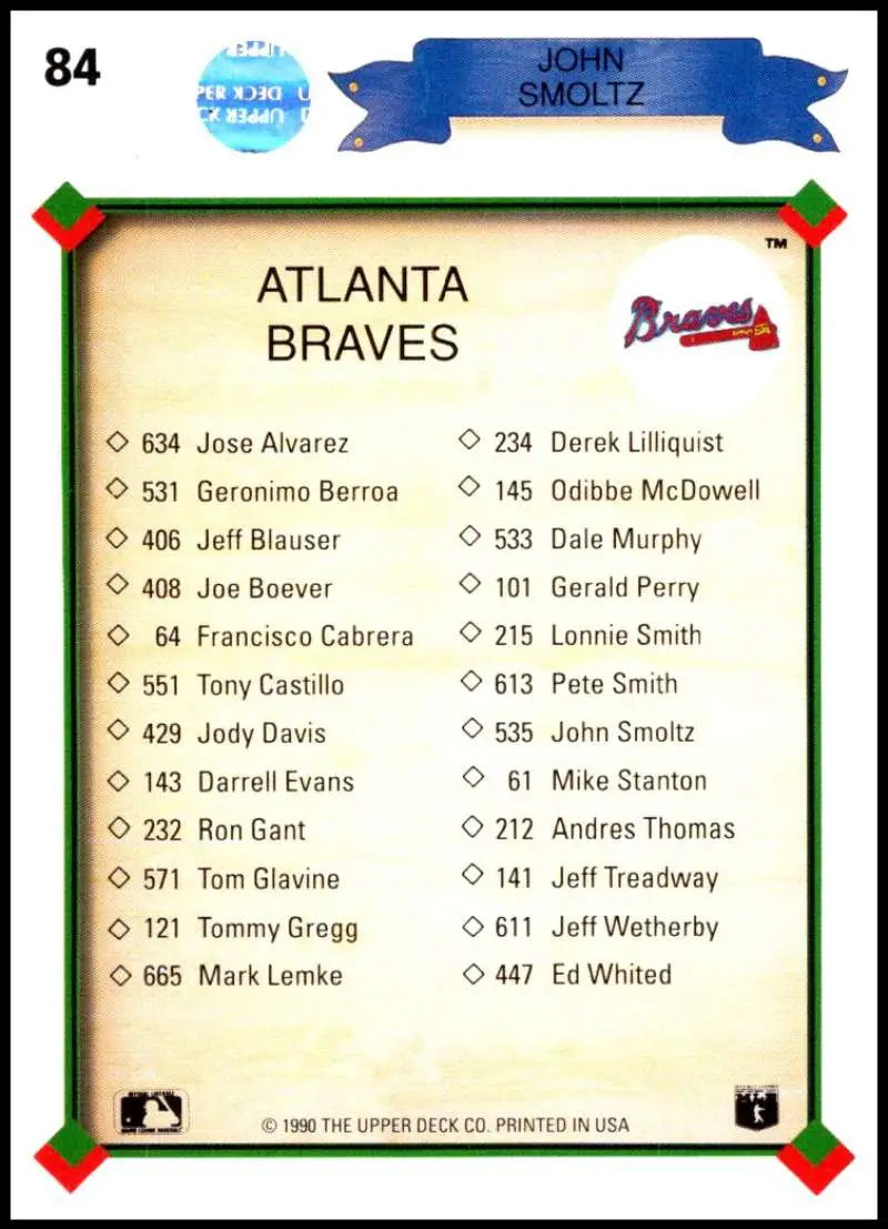 1990 Upper Deck John Smoltz Atlanta Braves baseball card roster with uniform numbers
