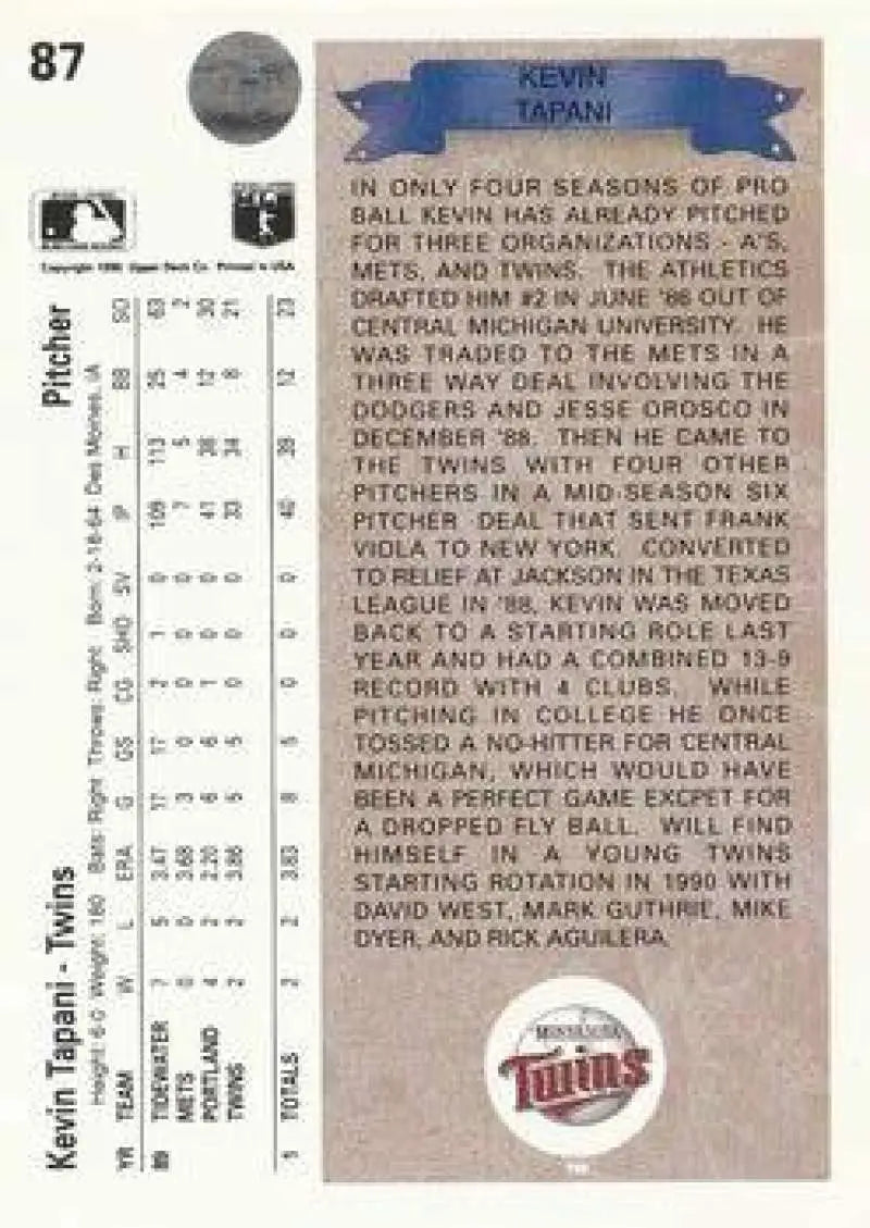 Kevin Tapani 1990 Upper Deck baseball trading card for Minnesota Twins rookie
