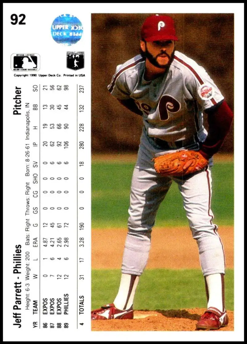 Jeff Parrett baseball card featuring the Philadelphia Phillies pitcher on the mound