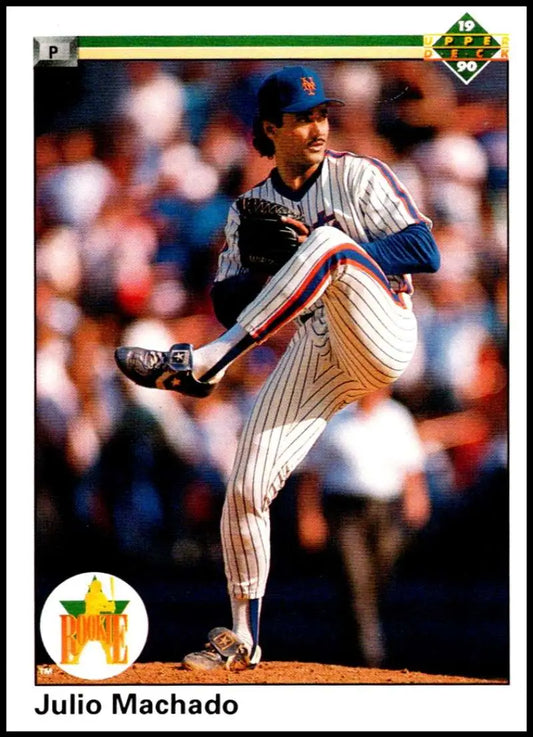 Julio Machado in New York Mets pinstriped uniform mid-pitch for baseball card