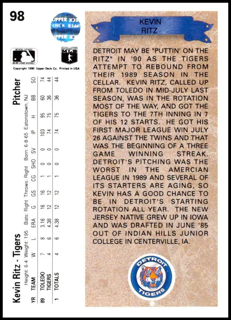 Kevin Ritz Baseball Card displaying stats and bio from 1990 Upper Deck set