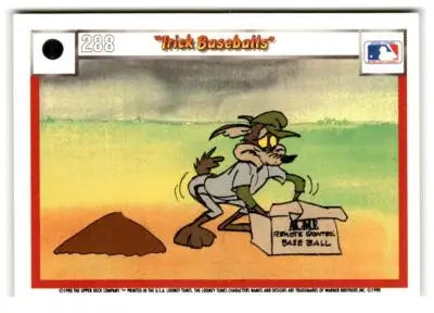 Collectible trading card featuring Wile E. Coyote opening an Acme box from Upper Deck Comic series