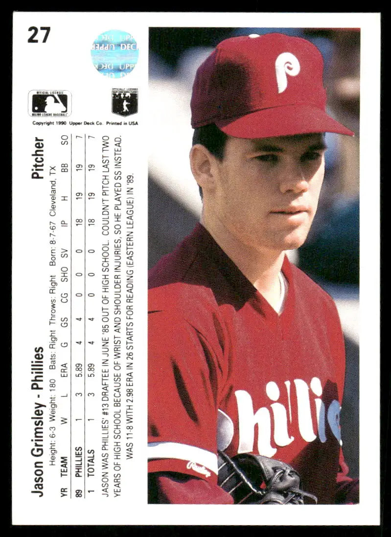 Baseball trading card featuring Jason Grimsley from 1990 Upper Deck Jason series