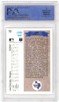 Graded 1990 Upper Deck Juan Gonzalez Star Rookie Baseball Card PSA 8