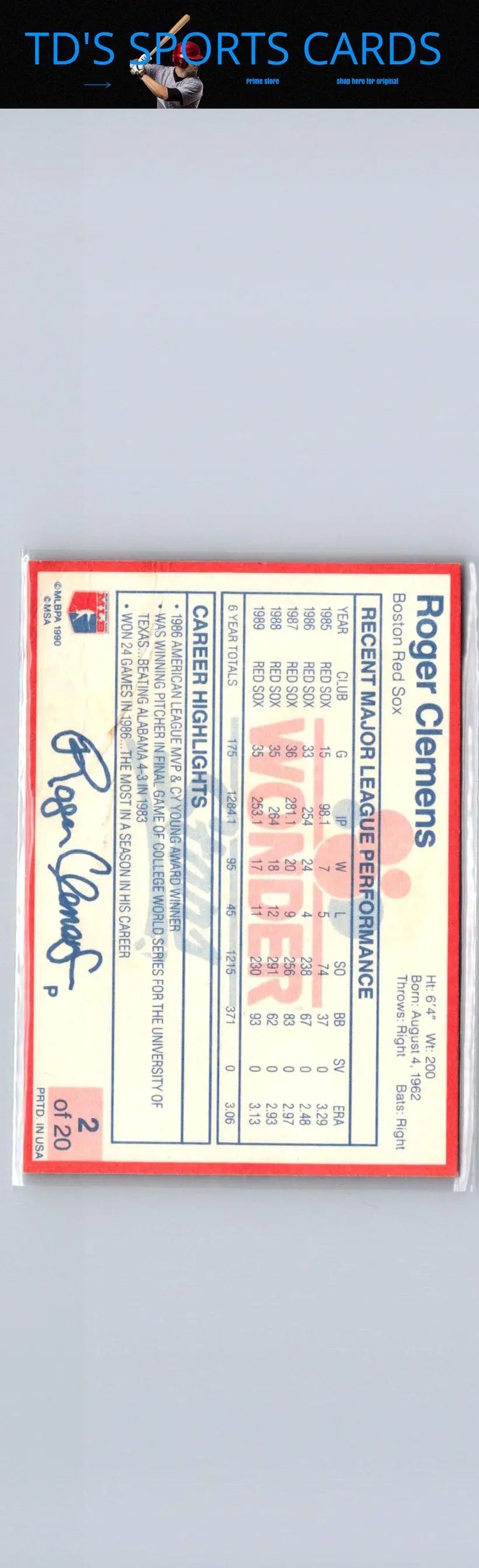 Signed Roger Clemens baseball card from 1990 Wonder Bread Stars series