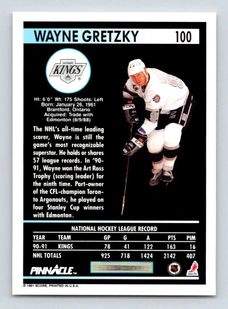 Wayne Gretzky hockey card in white Los Angeles Kings uniform from 1991-92 Pinnacle