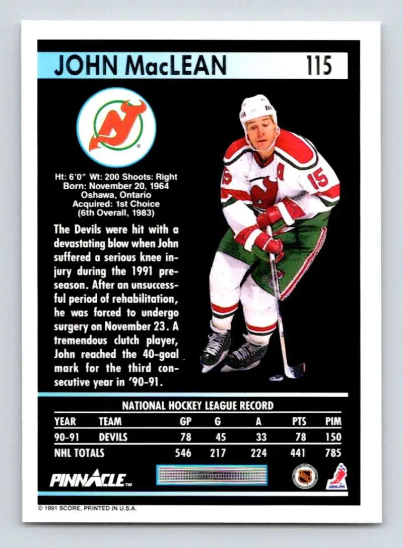John MacLean New Jersey Devils hockey card in white and red uniform 1991-92 Pinnacle