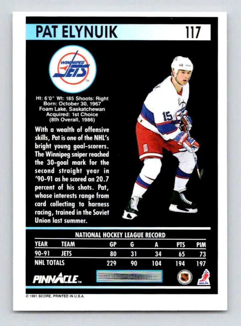 Hockey card of Pat Elynuik, number 15 player from Winnipeg Jets, 1991-92 Pinnacle