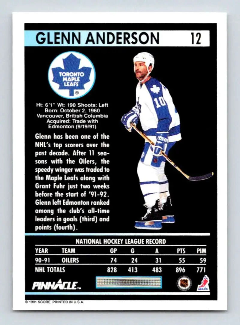 Hockey trading card featuring Glenn Anderson in Toronto Maple Leafs uniform with stats