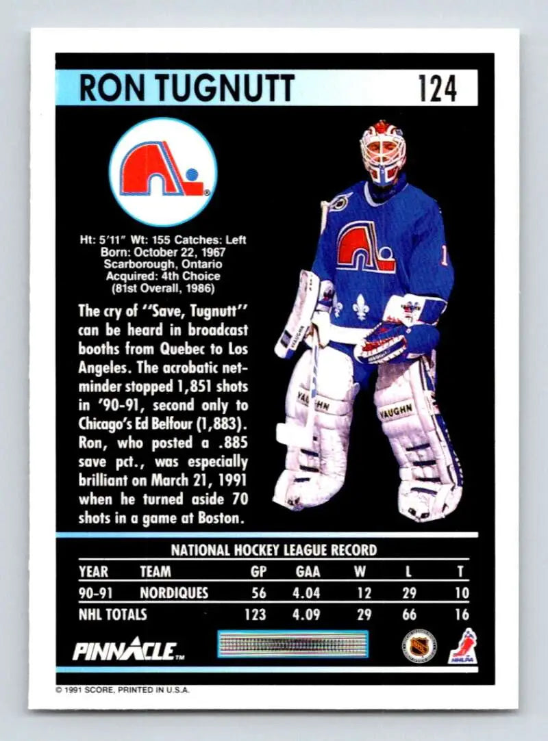 Ron Tugnutt Quebec Nordiques hockey card featuring goalie in blue jersey with logo