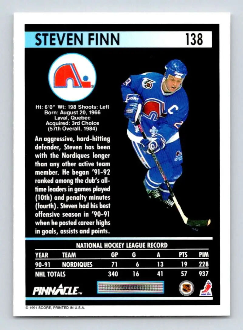 Quebec Nordiques Hockey Card featuring Steven Finn in blue uniform skating with a stick