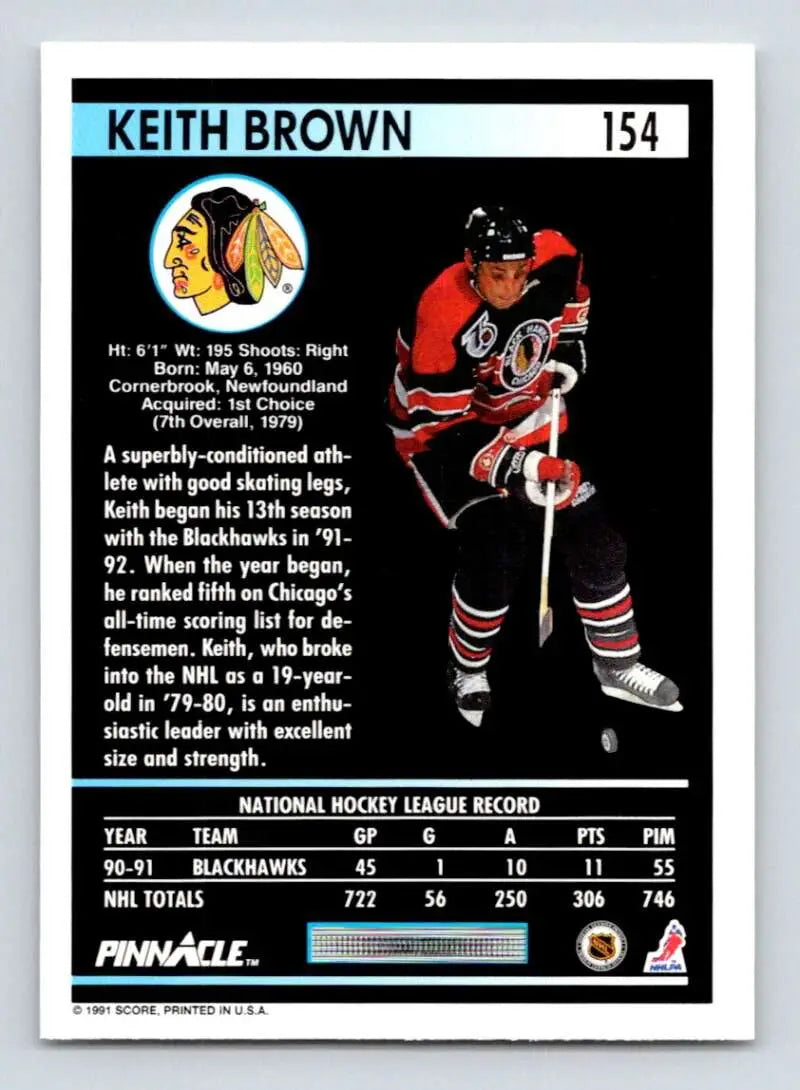Keith Brown Chicago Blackhawks hockey card in red and black uniform from 1991-92 Pinnacle