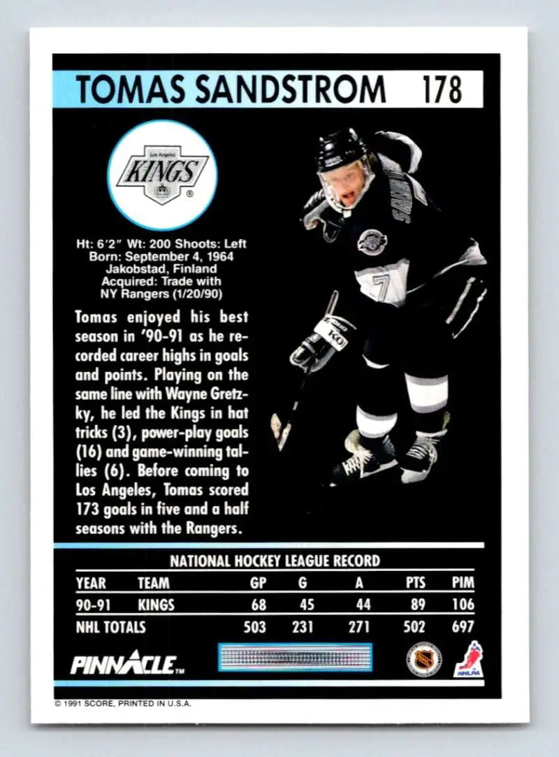 Hockey trading card of Tomas Sandstrom skating for the Los Angeles Kings on ice