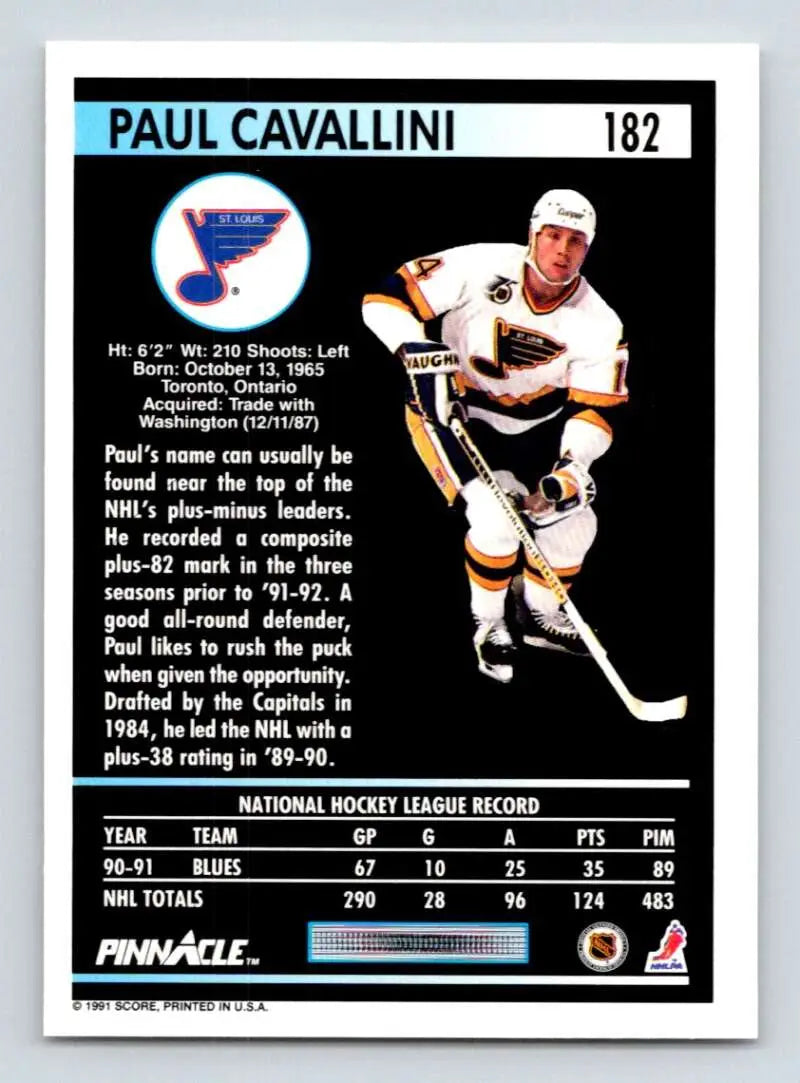 1991-92 Pinnacle #182 Paul Cavallini St. Louis Blues Hockey Card with stats and info