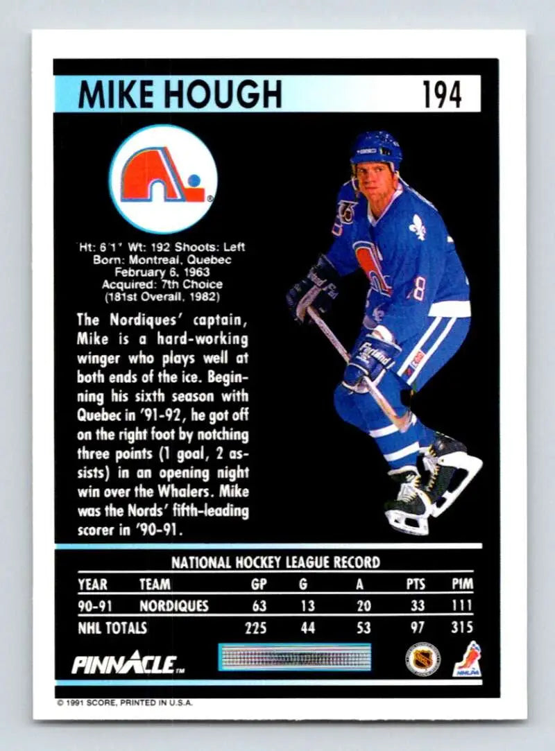 Hockey card of Mike Hough in blue and white Quebec Nordiques jersey number 8