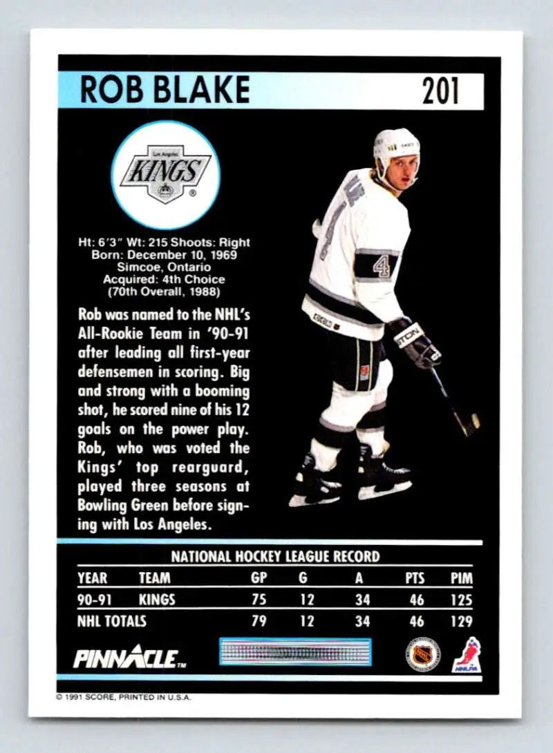 Hockey card featuring Rob Blake in Los Angeles Kings white uniform from 1991-92 Pinnacle
