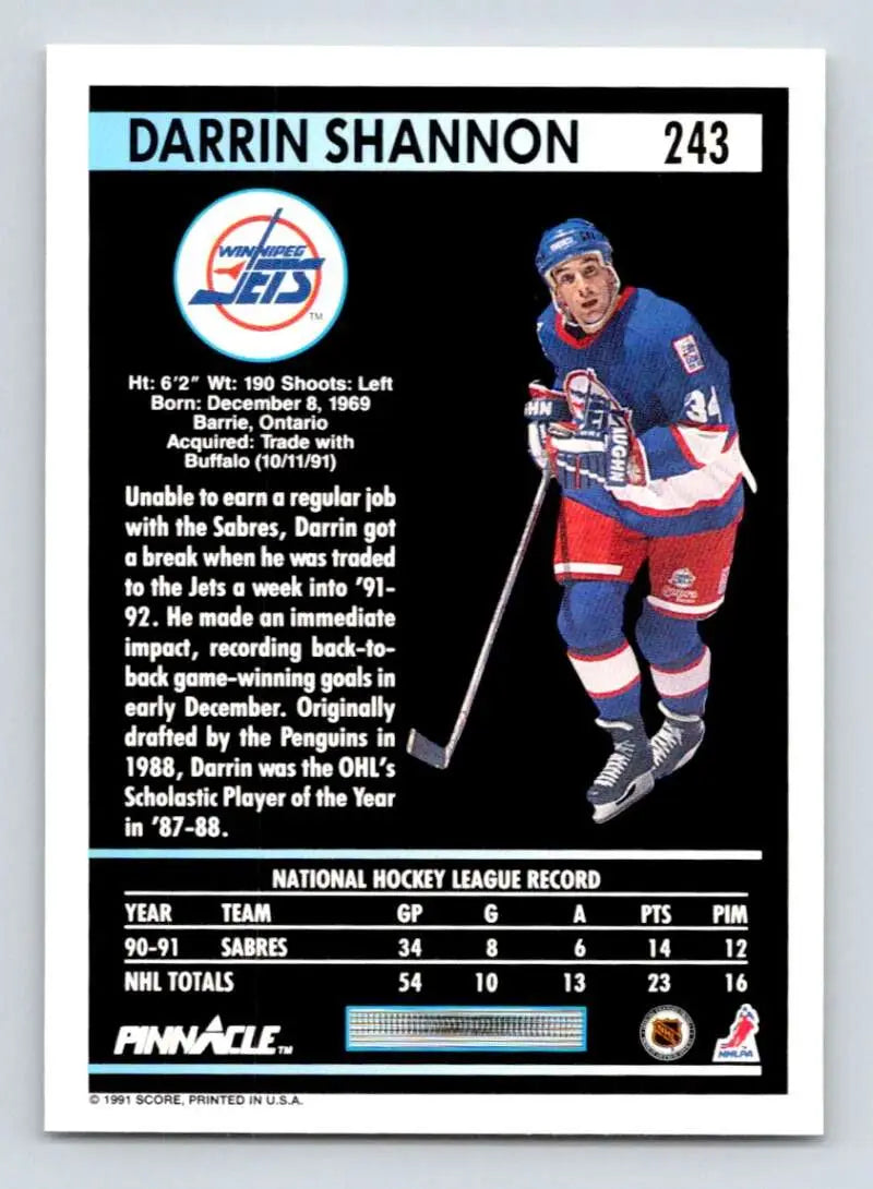 Hockey card of Darrin Shannon in action for the Winnipeg Jets, 1991-92 Pinnacle