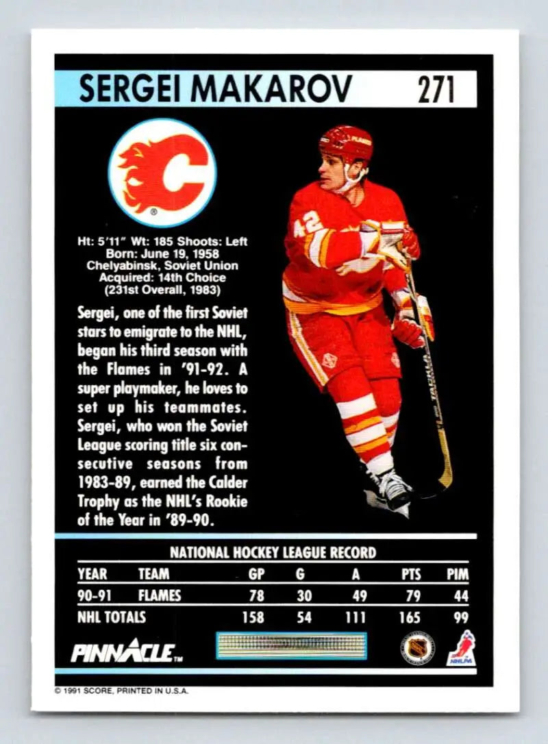 Hockey card of Sergei Makarov in red Calgary Flames uniform from 1991-92 Pinnacle