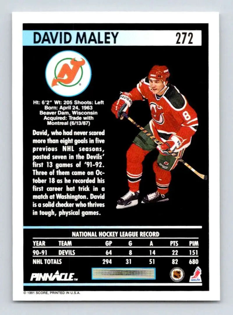 Hockey card of David Maley in New Jersey Devils red uniform from 1991-92 Pinnacle