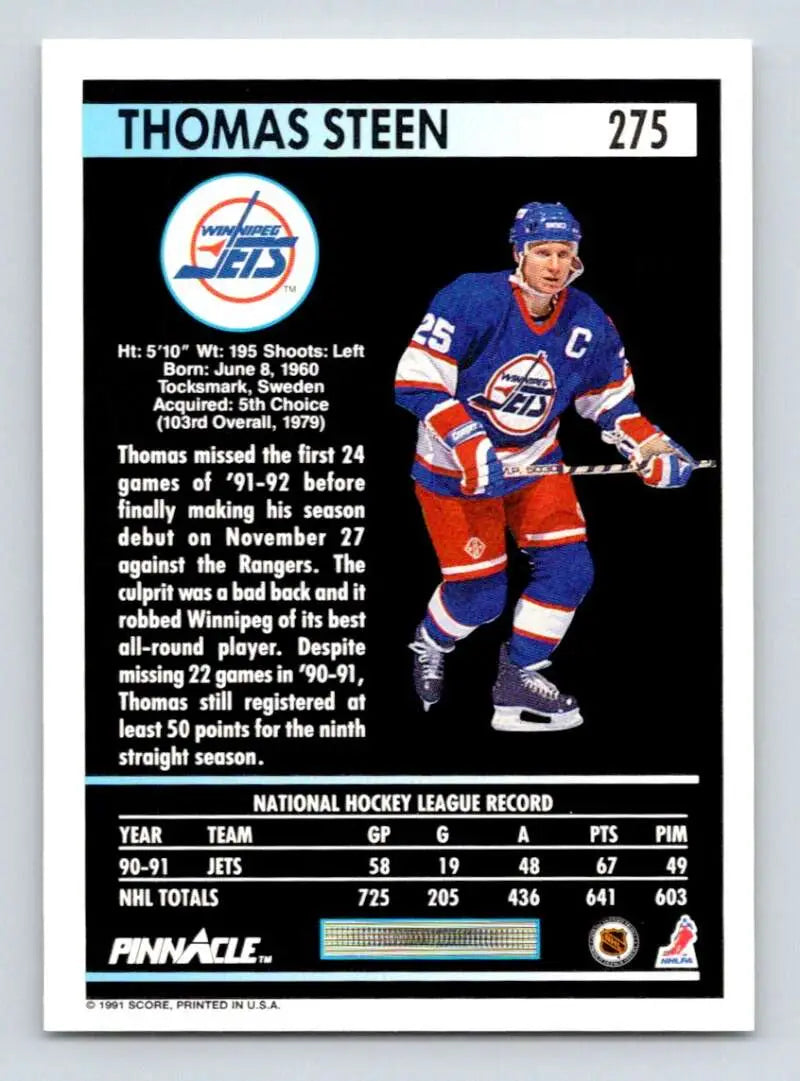 Hockey card of Thomas Steen in Winnipeg Jets blue and red uniform 1991-92 Pinnacle