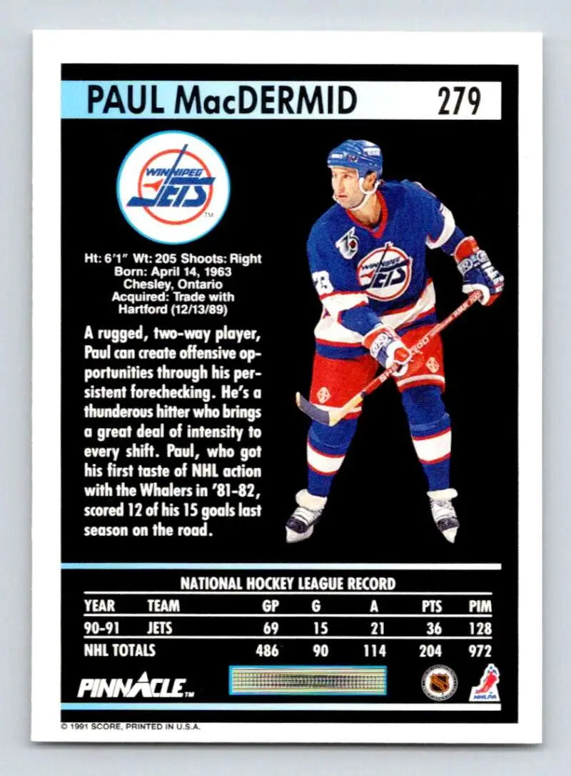 Hockey card of Paul MacDermid in Winnipeg Jets blue and red uniform from 1991-92 Pinnacle