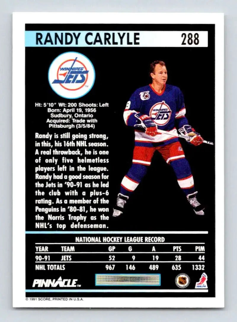 Vintage Winnipeg Jets hockey trading card featuring Randy Carlyle from Pinnacle