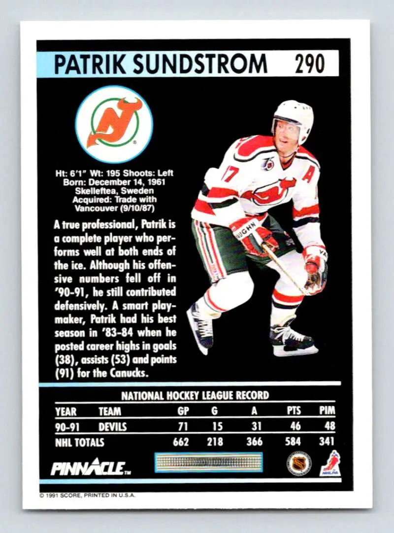Hockey card of Patrik Sundstrom in New Jersey Devils white and red uniform