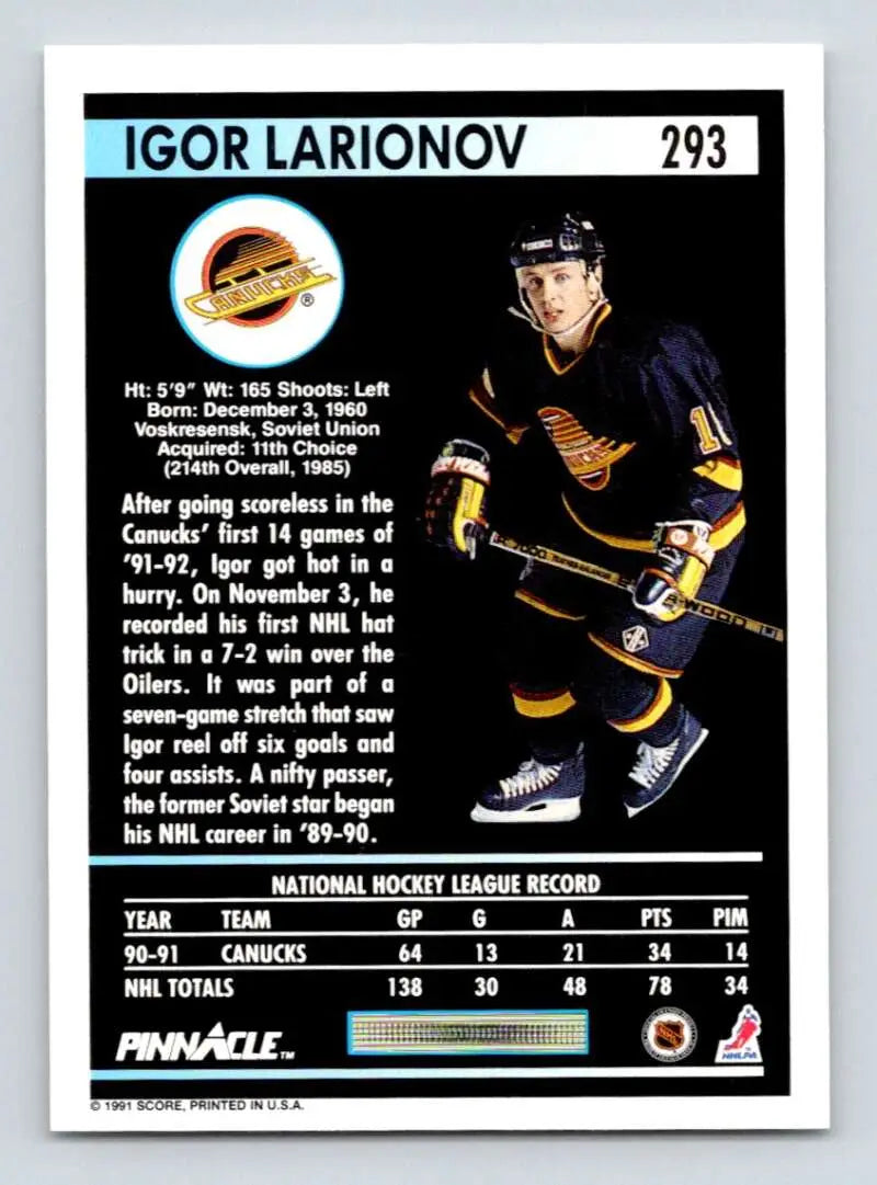 Hockey card of Igor Larionov in black and yellow Vancouver Canucks uniform