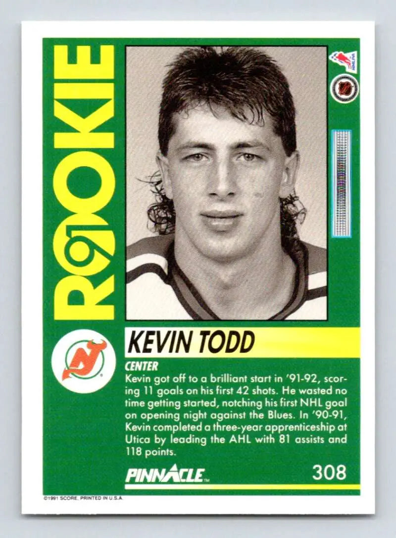 Green and white Hockey Card of Kevin Todd, New Jersey Devils Rookie from Pinnacle