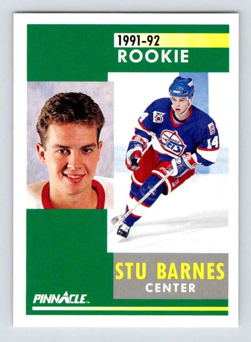 1991-92 Pinnacle Stu Barnes Hockey Card featuring Winnipeg Jets player poses