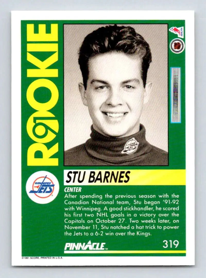 Vintage Winnipeg Jets hockey card featuring Stu Barnes in black and white portrait