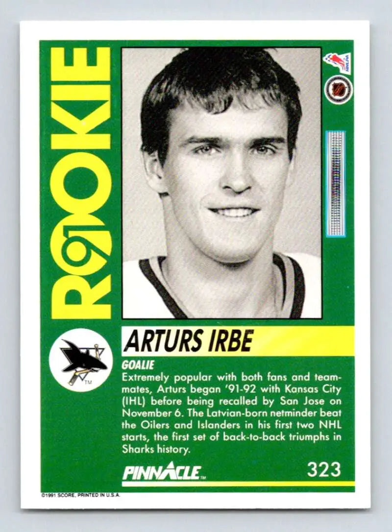 1991-92 Pinnacle Arturs Irbe San Jose Sharks hockey card with green borders and black text