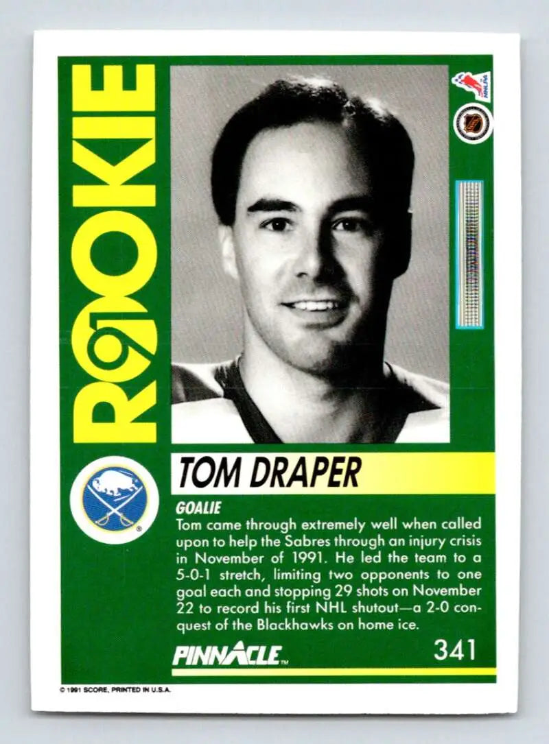 Hockey card featuring Tom Draper in a Buffalo Sabres portrait with a green border