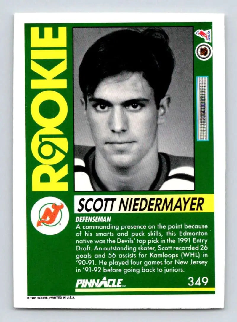 Green and white 1991-92 Pinnacle Hockey Card featuring Scott Neidermayer of Jersey Devils