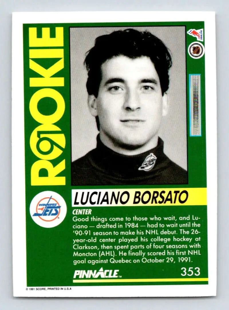 Vintage 1991-92 Winnipeg Jets Rookie card featuring Luciano Borsato’s black and white portrait
