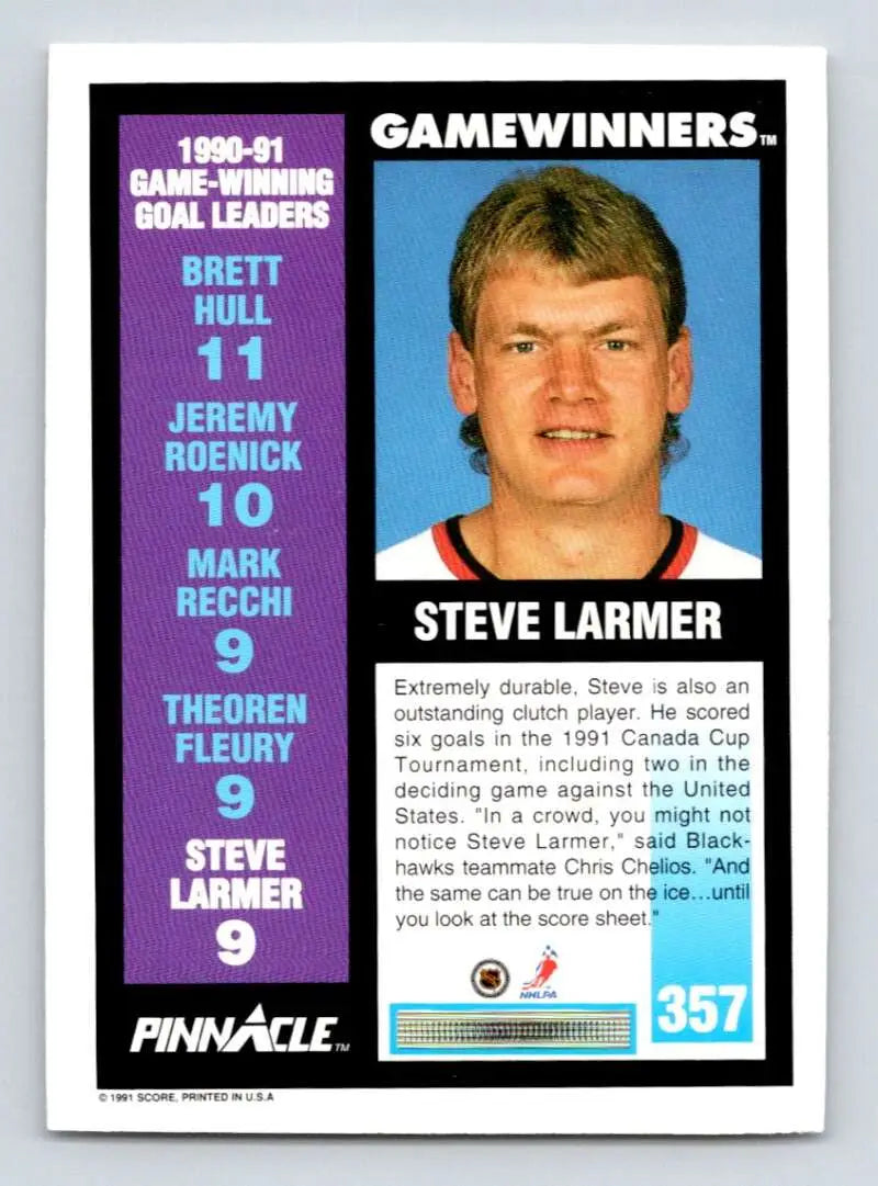 Hockey trading card featuring Steve Larmer in a Chicago Blackhawks jersey