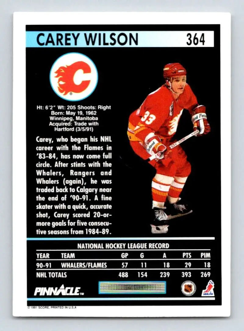Calgary Flames Carey Wilson hockey card 1991-92 Pinnacle #364 in red uniform