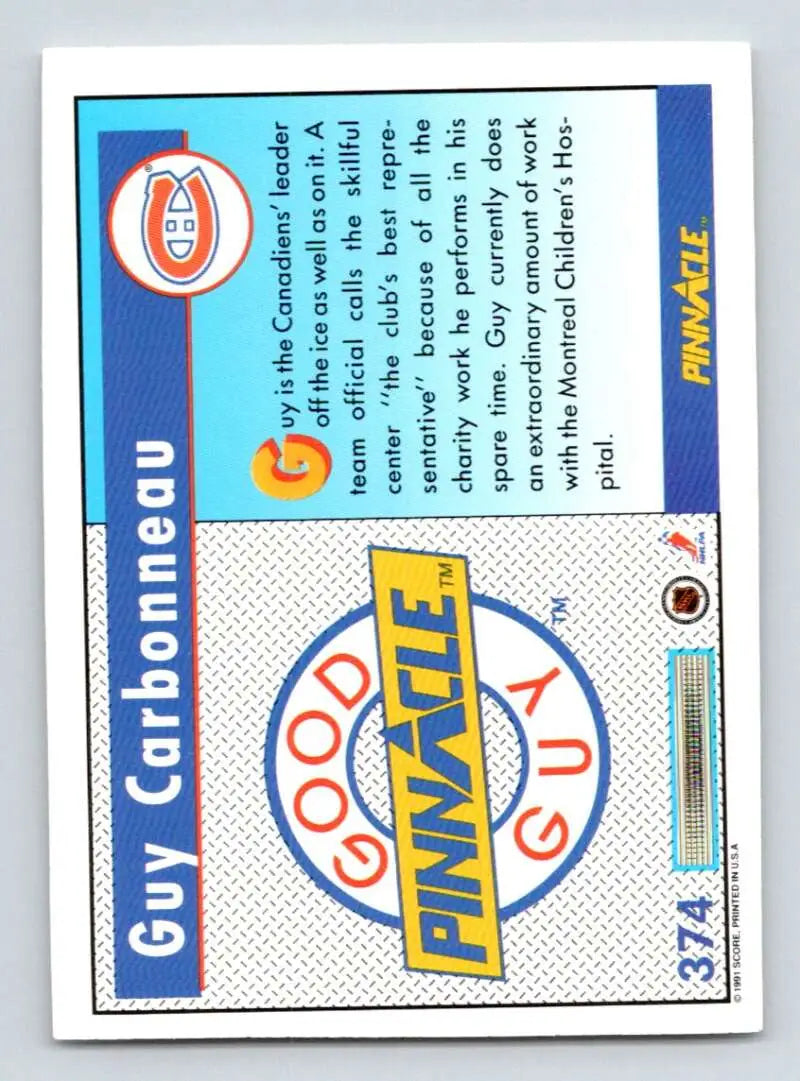 Good Pinnacle Guy logo on 1991-92 Guy Carbonneau Montreal Canadiens hockey card