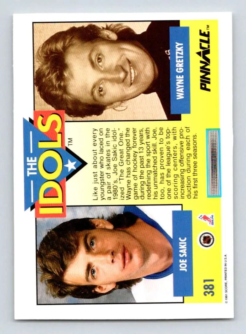 Trading card from The Idols featuring Joe Sakic and Wayne Gretzky for Quebec Nordiques