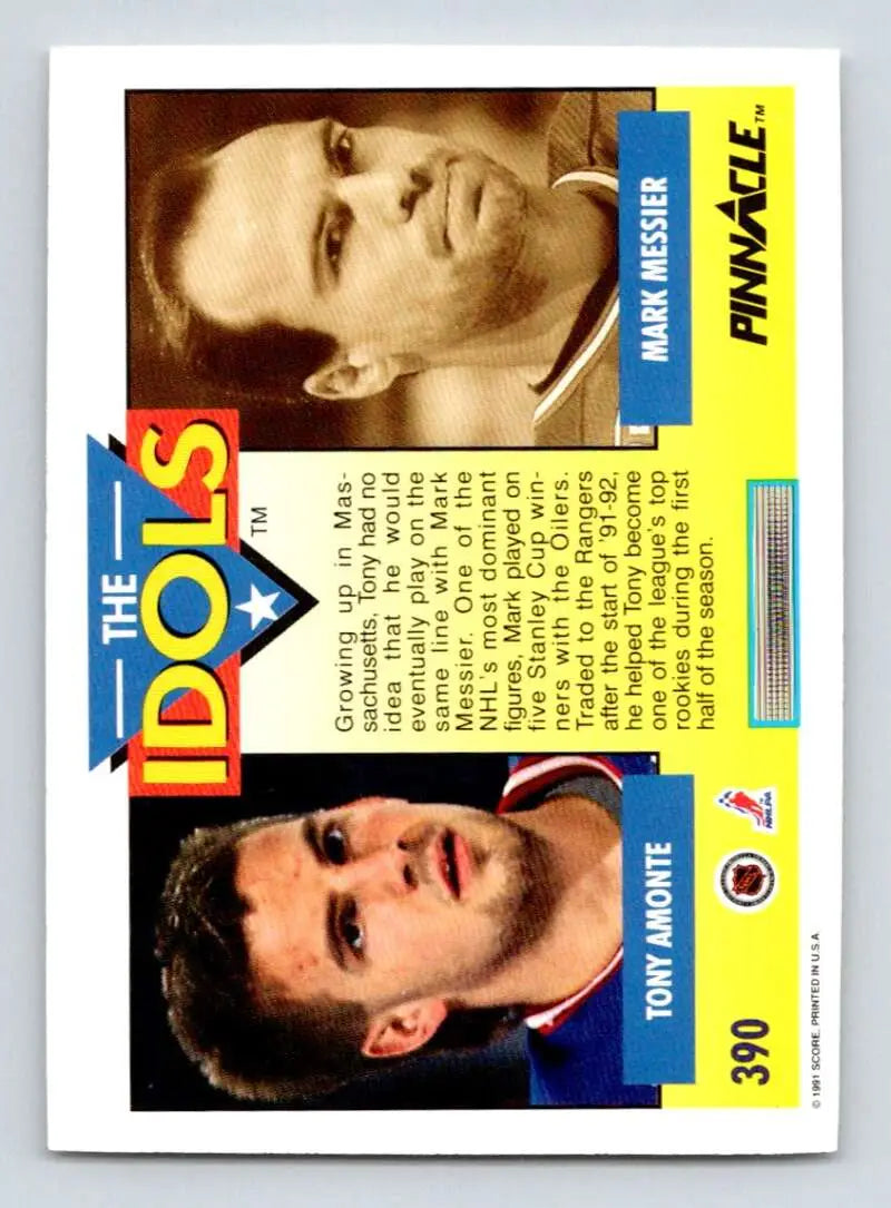 Vintage baseball trading card featuring Tony Amonte, Mark Messier, and The Idols text