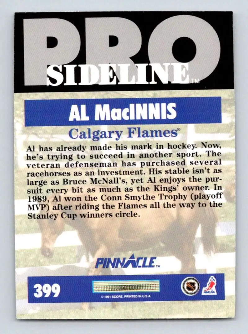 Back of 1991-92 Pinnacle Al MacInnis Flames hockey card, showcasing Calgary Flames details