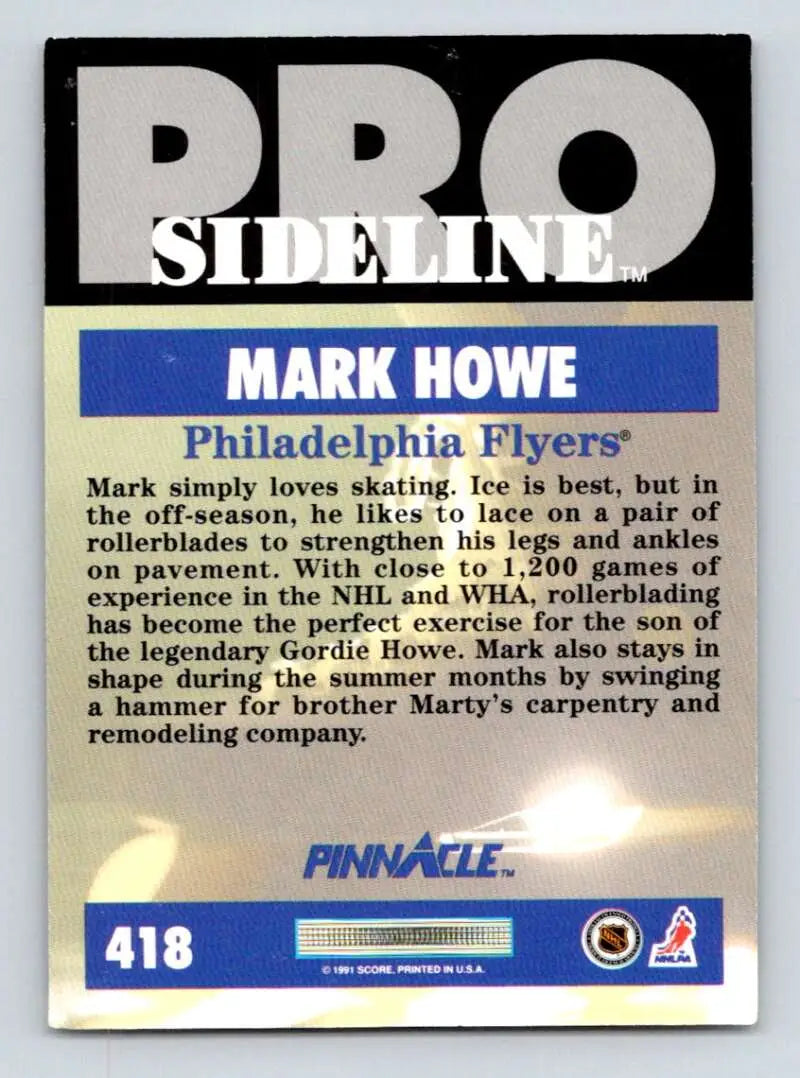 Hockey card featuring Mark Howe from the Philadelphia Flyers in Pinnacle Pro Sideline series