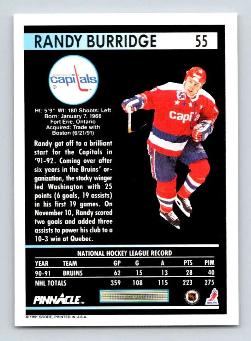 Hockey card of Randy Burridge in red uniform for Washington Capitals 1991-92 Pinnacle series